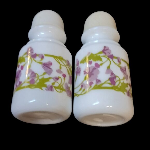 2pc Vintage Avon Milk Glass Shakers | Lilac Floral Kitsch Vanity Decor - Picture 8 of 12